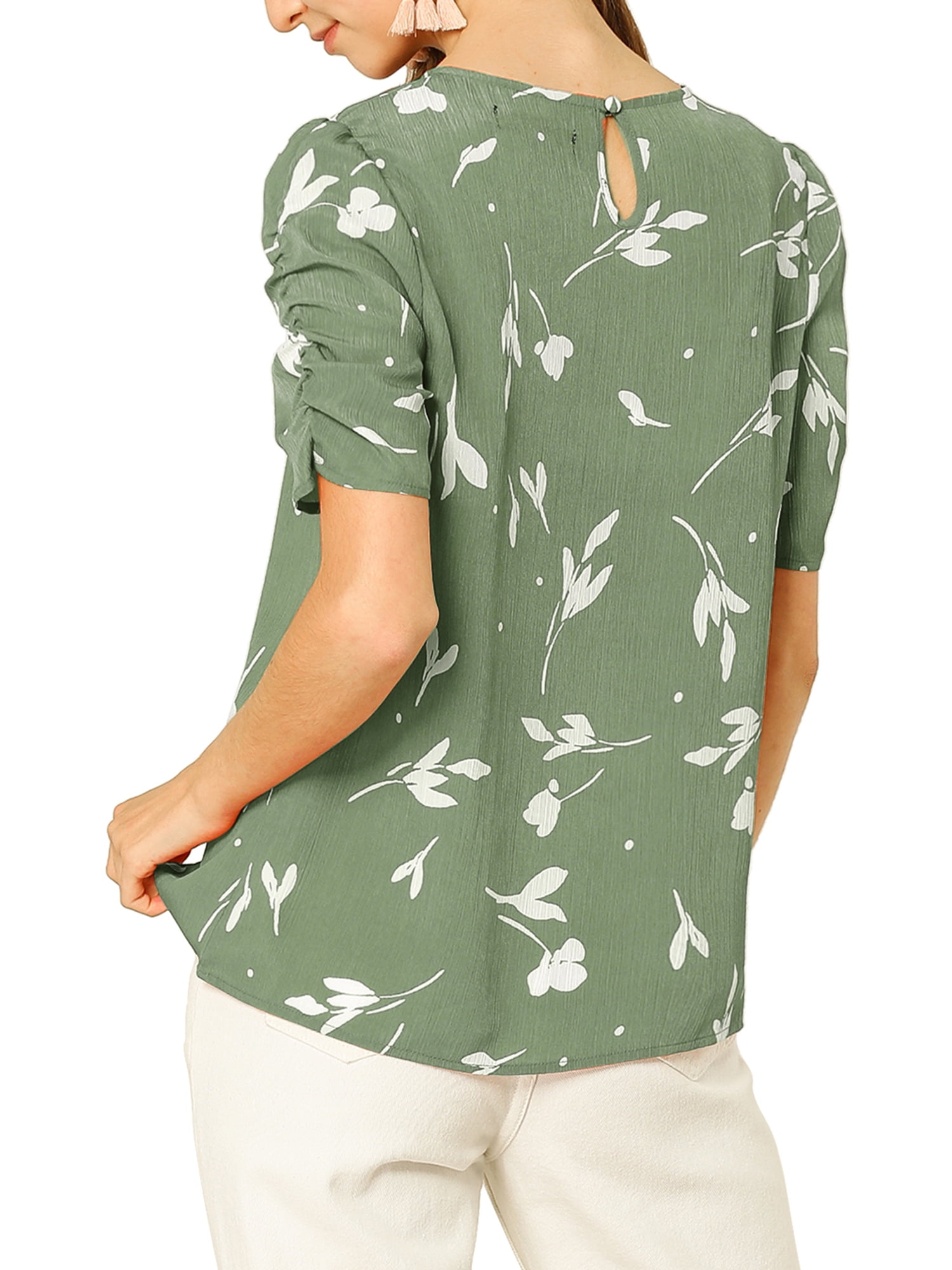 DARING DIVA Floral Crew Neck Shirred Short Sleeve Casual Top XS Green