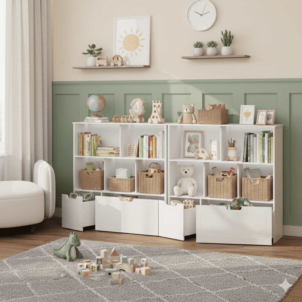 BRINJOY 3-Shelf Kids Bookcase Storage Organizer with 2 Movable Drawers