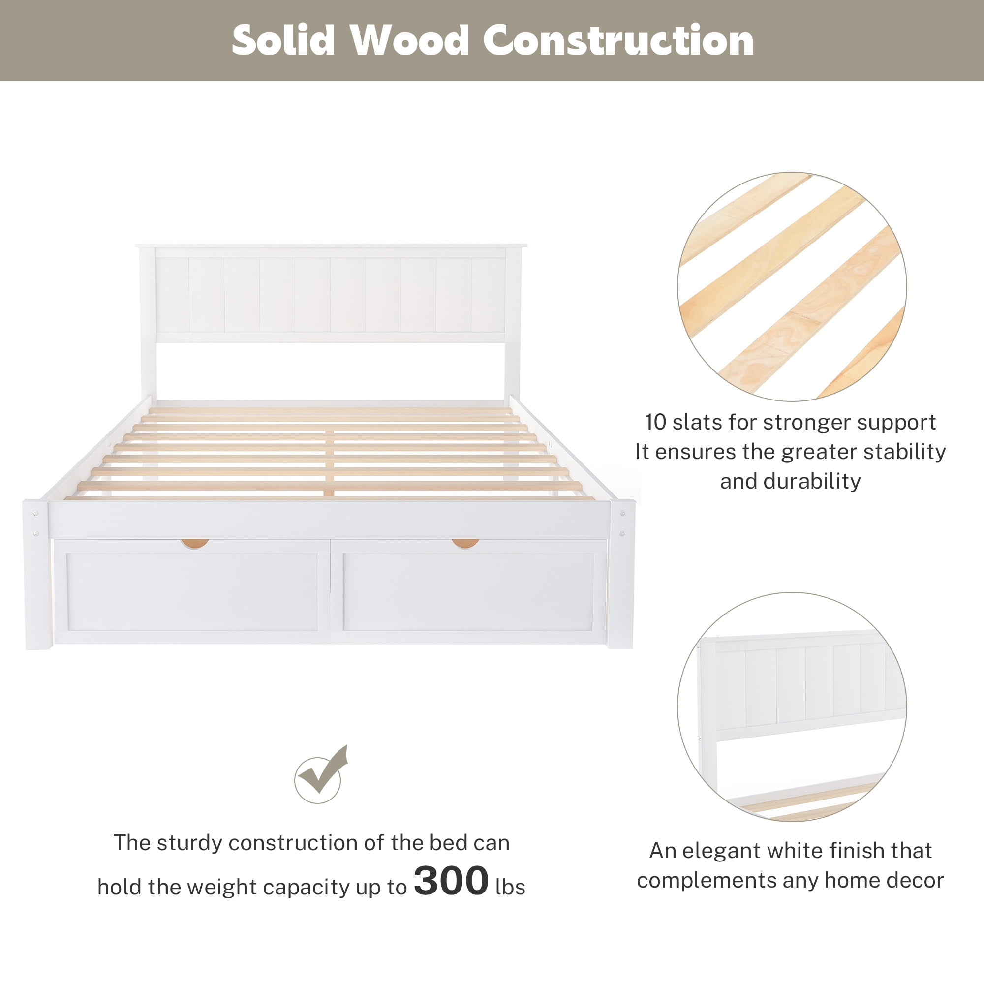 PAPROOS Full Bed with Storage, Heavy Duty Wood Platform Bed Frame with Headboard and Under-bed Drawers, Space Saving, Modern Full Size Bed Frame, No Box Spring Needed, White