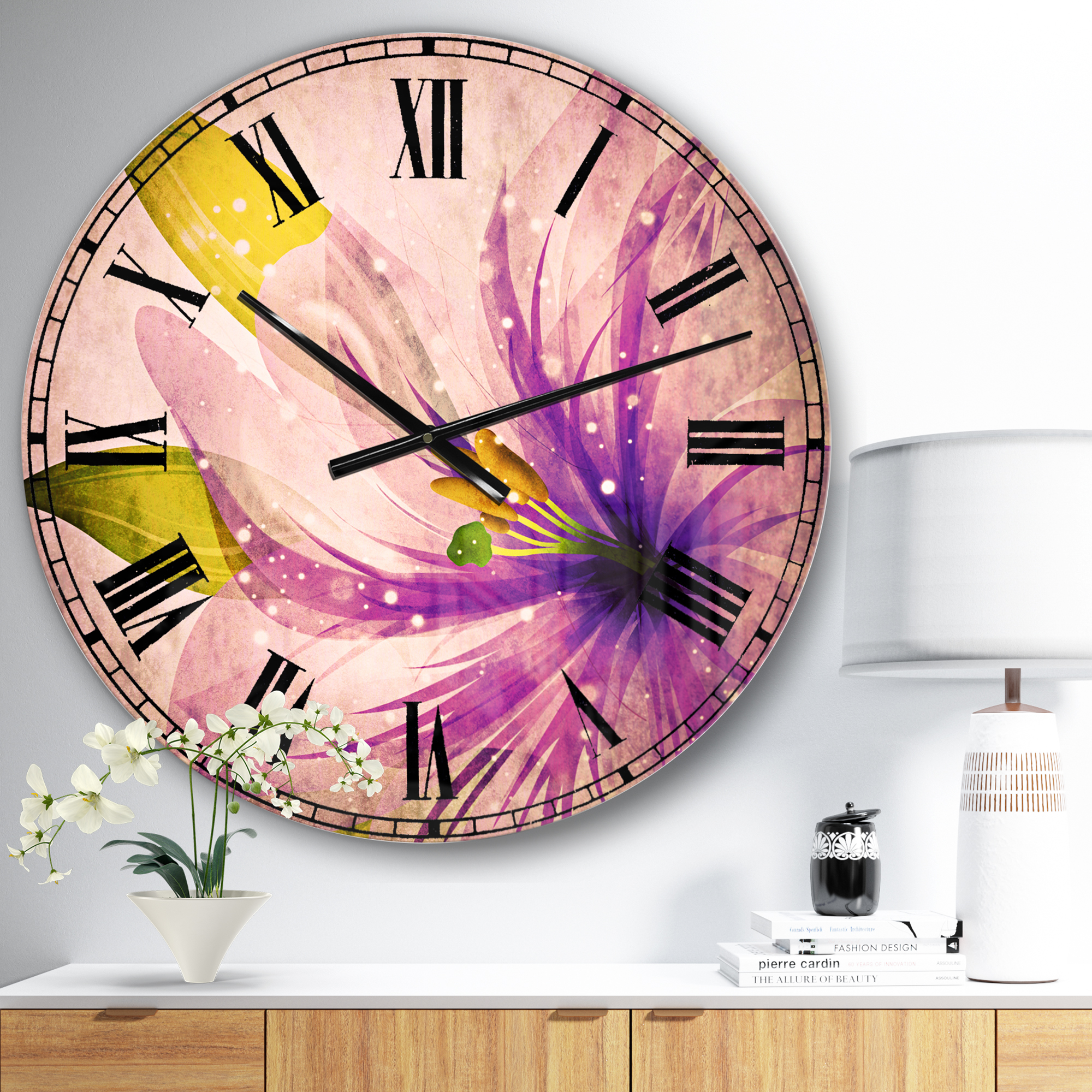 Designart Glowing Lily Flower 23" x 23" Analog Round Tropical Wall Clock, CLM8119-C23