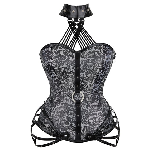 Women Gothic Steampunk Halter Corset Top, Jacquard Pattern Leather Spliced Front Zip Waist Defining Steel Boned Bustier with Collar and Straps, S-6XL