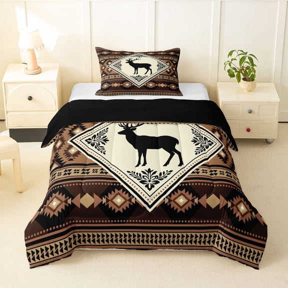 Manfei Classic Deer Grid Twin Comforter Sets,Brown Check Pine Bedding Set,Black Reversible,2-Piece,1 Comforter and 1 Pillowcase
