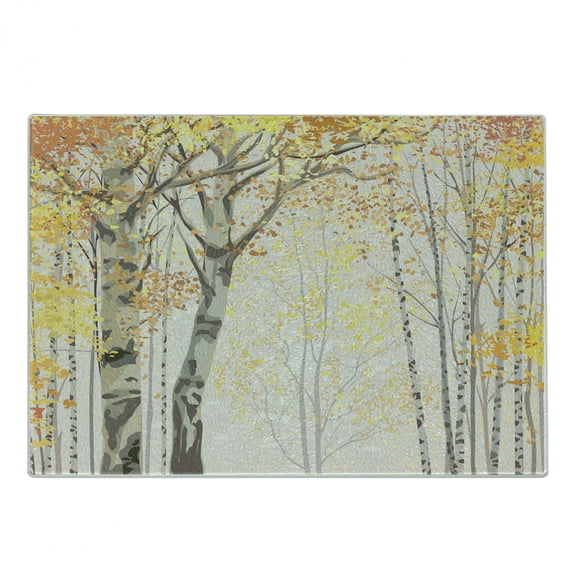 Autumn Cutting Board, Birch Growth in the Fall Season Cartoon Style Forest Tranquil Rustic Composition, Decorative Tempered Glass Cutting and Serving Board, Small Size, Multicolor, by Ambesonne