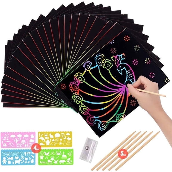 50 Sheets Scratch Paper Art, Black Scratch Paper Art Boards for Kids Girls Boys, Rainbow Scratch Paper, Arts and Crafts Supplies, Christmas Birthdays Party Gift for Children, 7.67 x 5.31in