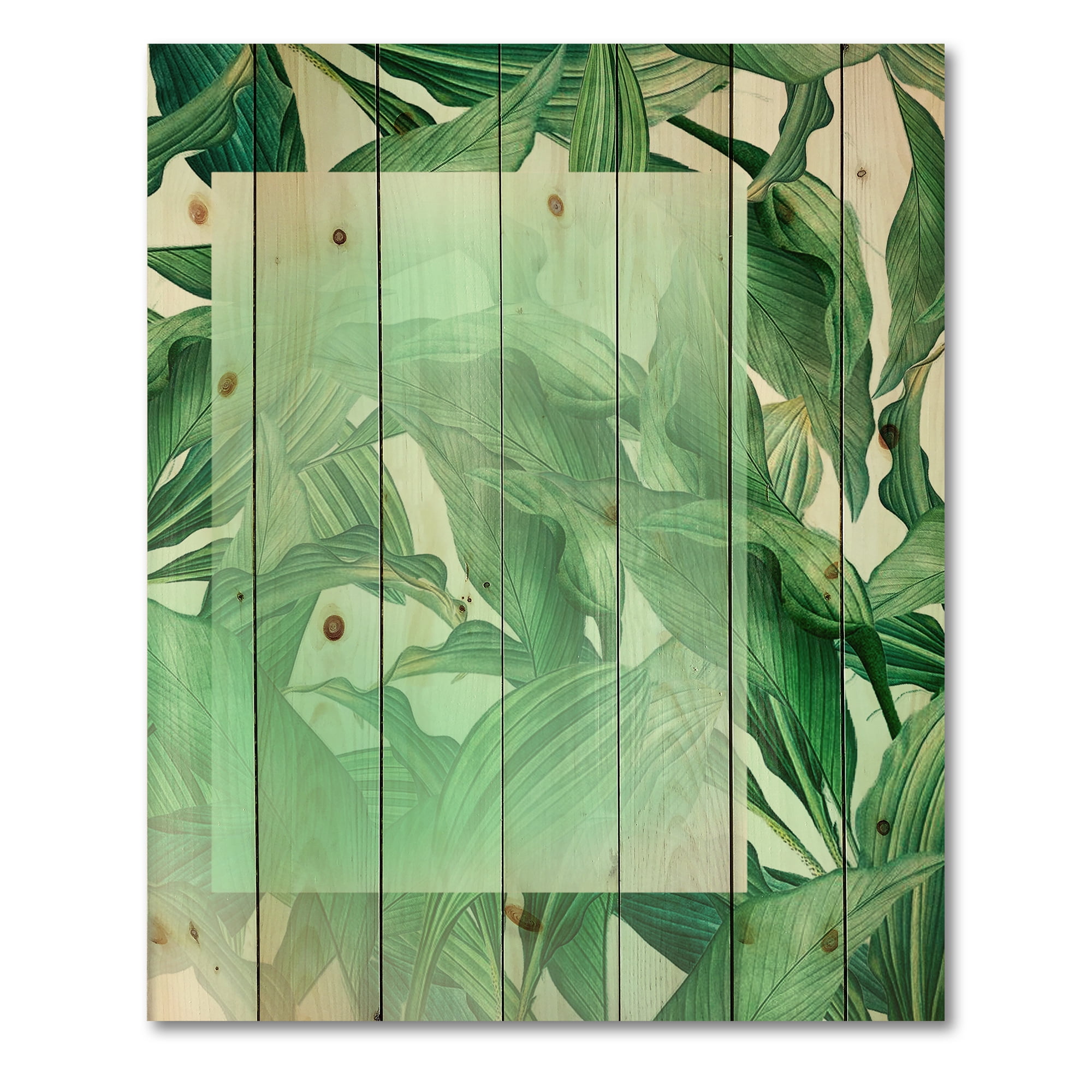 Designart 'Tropical Palm Green Leaves Under White Rectangle' Nautical & Coastal Print on Natural Pine Wood