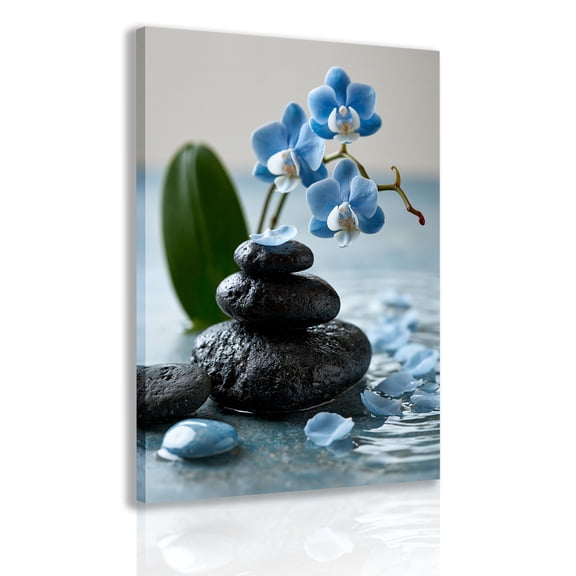 Zen-inspired spa wall art with canvas frame, featuring a blue orchid and balancing stone print. Suitable for bathrooms, bedrooms, yoga studios, and as a tranquil and relaxing decorative gift.