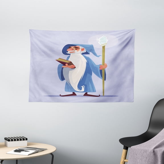 Wizard Tapestry, Happy Smiling Old Sorcerer Magician Character with White Beard Holding Magic Book, Wall Hanging for Bedroom Living Room Dorm Decor, 60W X 40L Inches, Multicolor, by Ambesonne