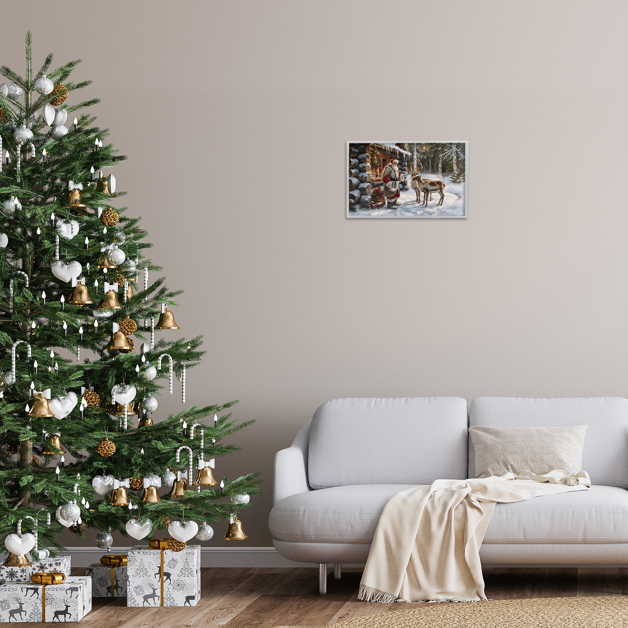 Stupell Industries Santa's Cabin with Reindeer Holiday Painting Gray Framed Art Prints Wall Art, 18 x 12