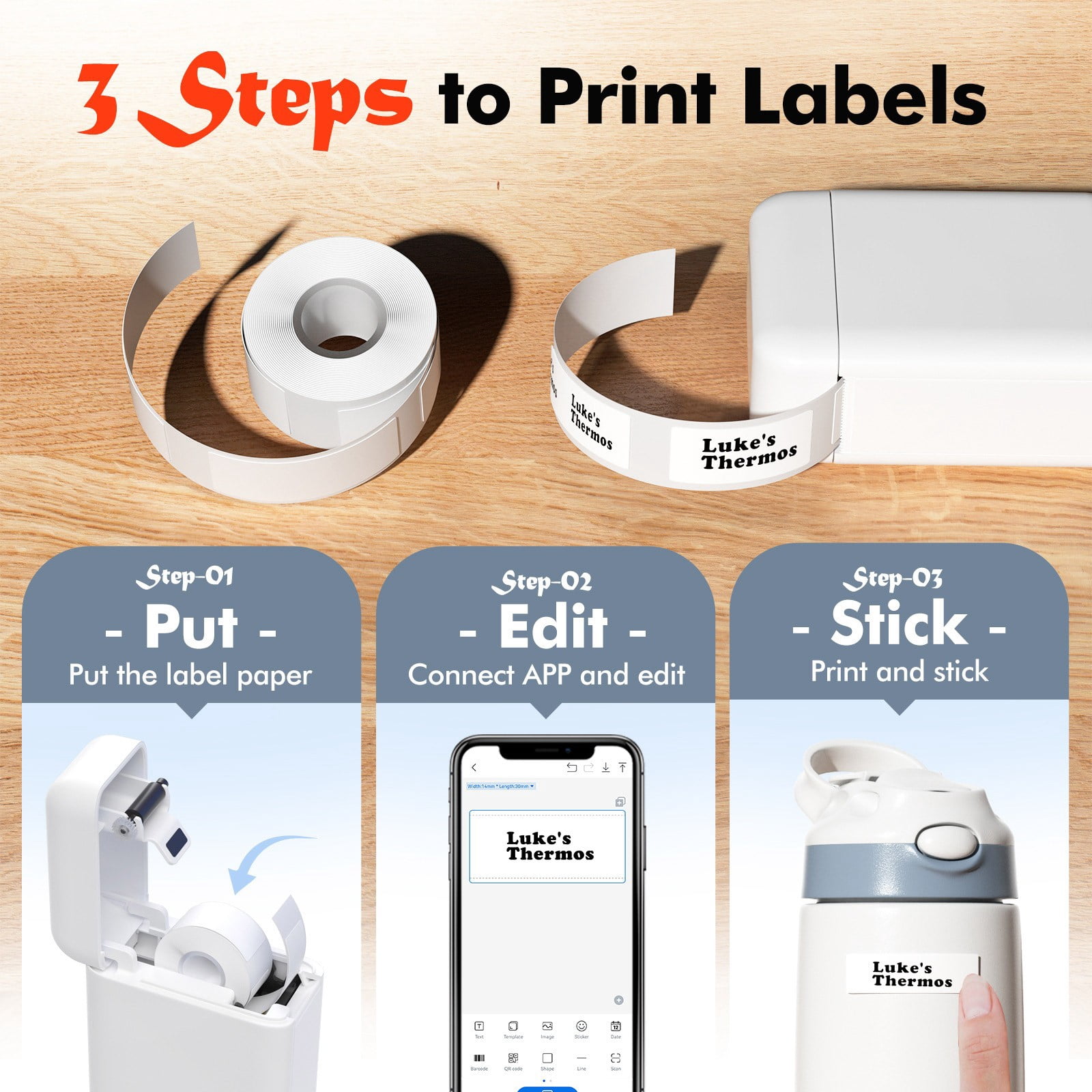 Portable Bluetooth Thermal Label Maker, Mini Wireless Sticker Printer for Home and Office Organization, Inkless Pocket Labeler with App Templates