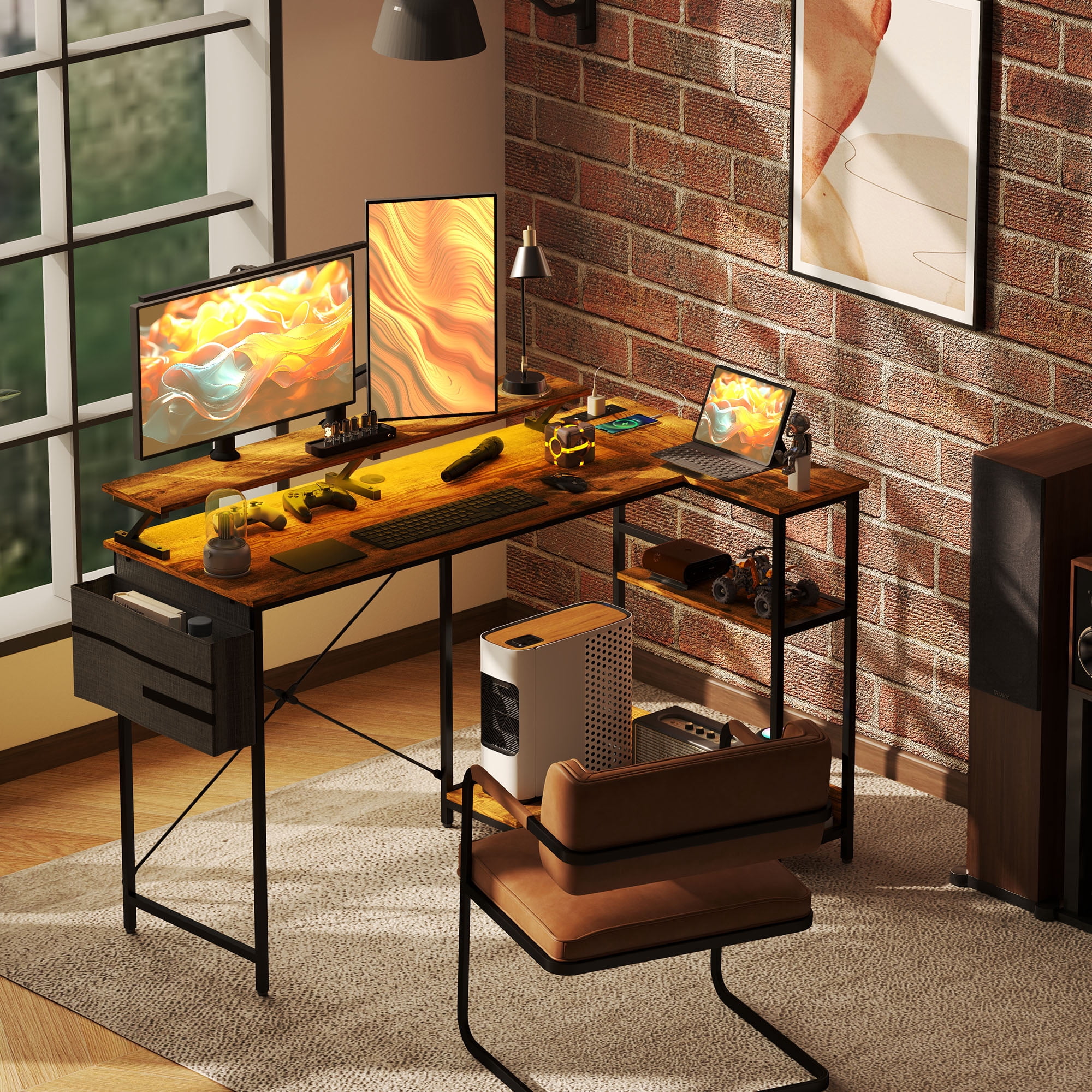 HOMCOM 58" Reversible L Shaped Desk, Corner Computer Desk, Rustic Brown