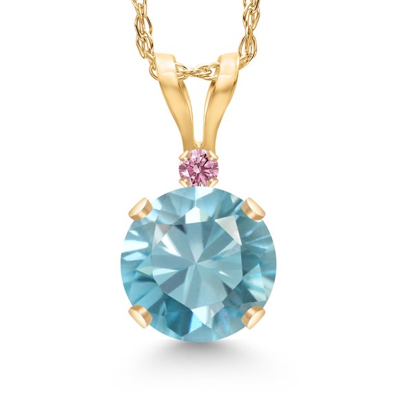 Gem Stone King 14K Yellow Gold Blue Zircon and Pink Lab Grown Diamond Pendant Necklace for Women | 1.22 Cttw | Gemstone Birthstone | Round 6MM | With 18 inch Chain