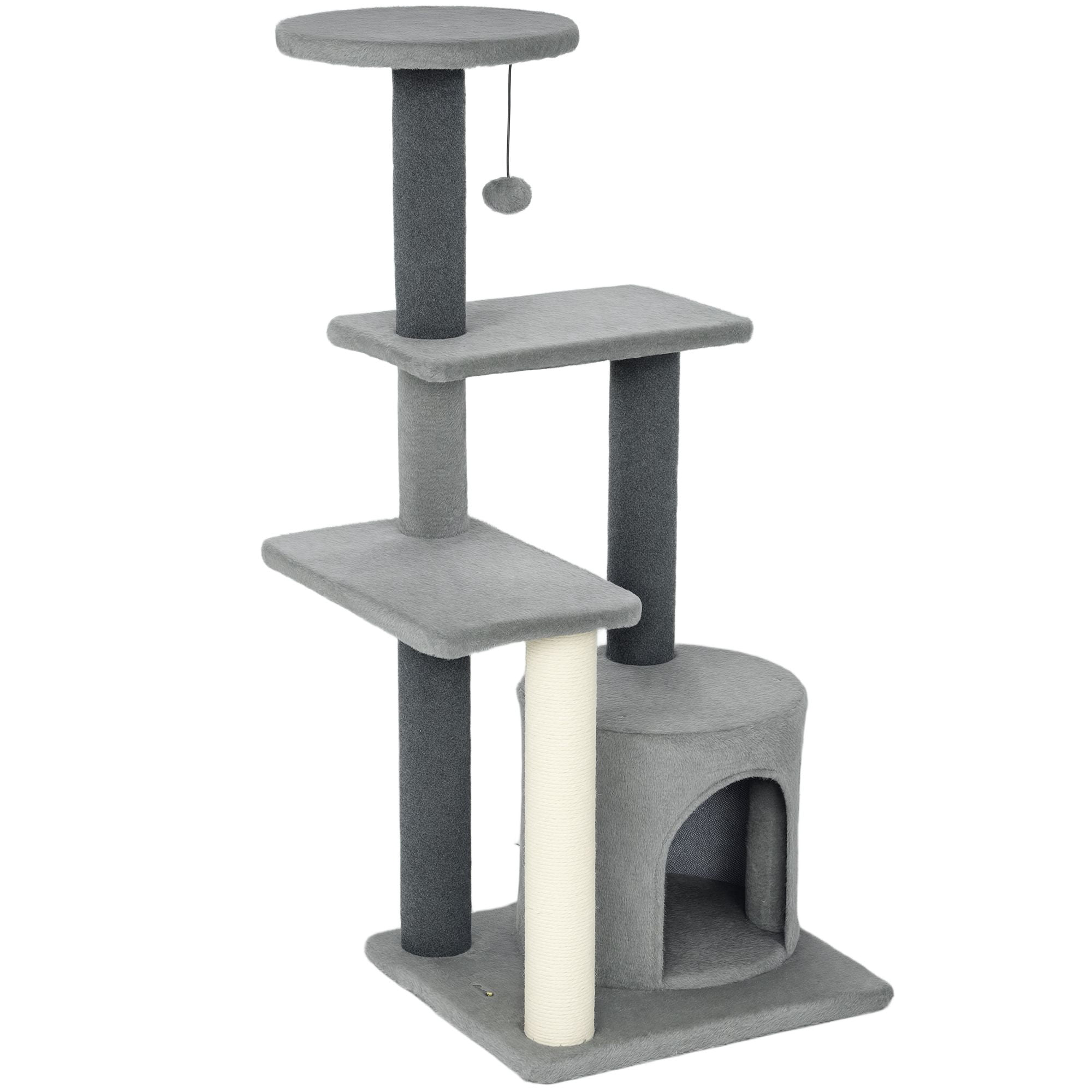 Multi-Level Cat Tree Tower with Cozy Plush House and Sisal Scratching Posts, 40.6"H Grey Cat Playground with Perch and Hanging Toy for Indoor Living Room and Bedroom Play