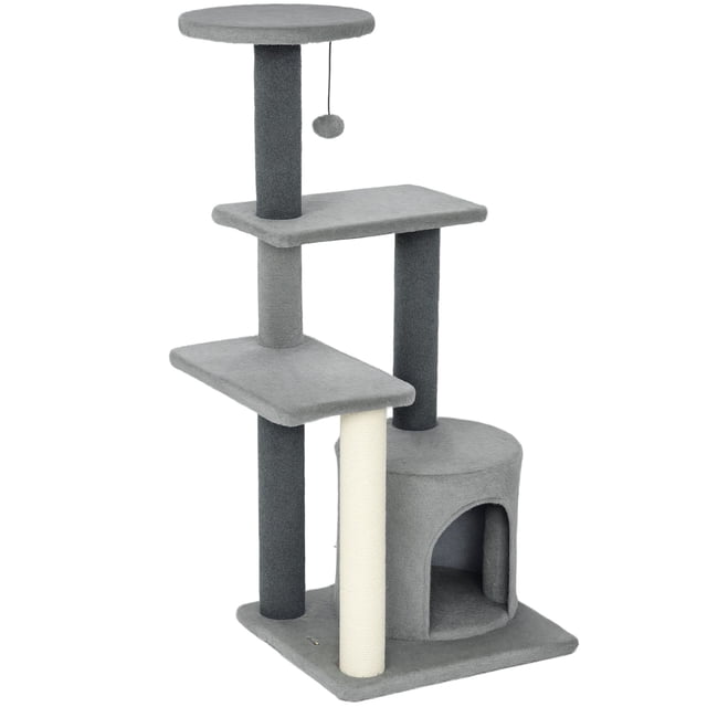 Multi-Level Cat Tree Tower with Cozy Plush House and Sisal Scratching Posts, 40.6"H Grey Cat Playground with Perch and Hanging Toy for Indoor Living Room and Bedroom Play