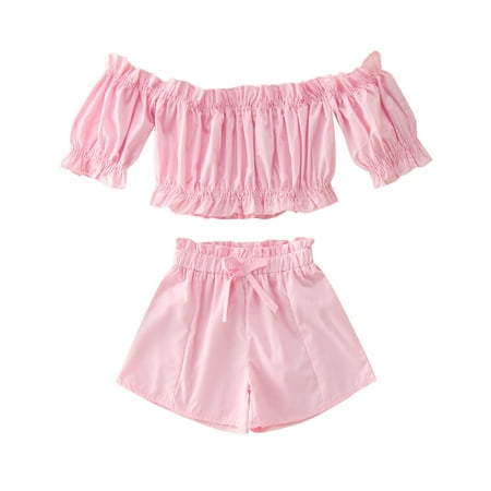 

simu Valentines Day Girls Outfits Toddler Kids Girls Clothes Summer Short Sleeve Solid Off Shoulder Ruffle T Shirt Tops Bow Shorts Casual 2PCS Outfits Set for Birthday Wedding