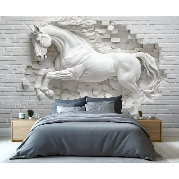 Horse Breaks Through The Wall Wall Mural, Relief White Horse 3D Wallpaper Mural, Nordic Modern Art Wall Murals Wallpaper For Woman Bedroom Bedside Living Room 55"W x 28"H (Not Peel and Stick)