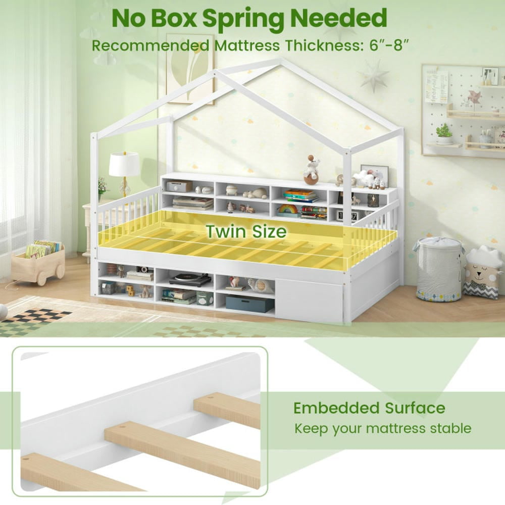 Kepooman Bed Frame, Bed Frame Mattress Foundation,Twin Size House Bed with Roof with 14 Storage Cubes and Enclosed Cabinet-White