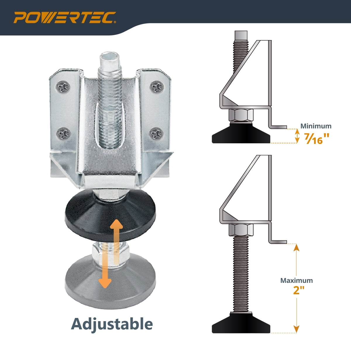 POWERTEC 4PK Leveling Feet Heavy Duty Adjustable Furniture Leg Levelers with Nylon Foot, Screws & Lock Nuts for Workbenches, Cabinets, Tables & Shelving (71136)