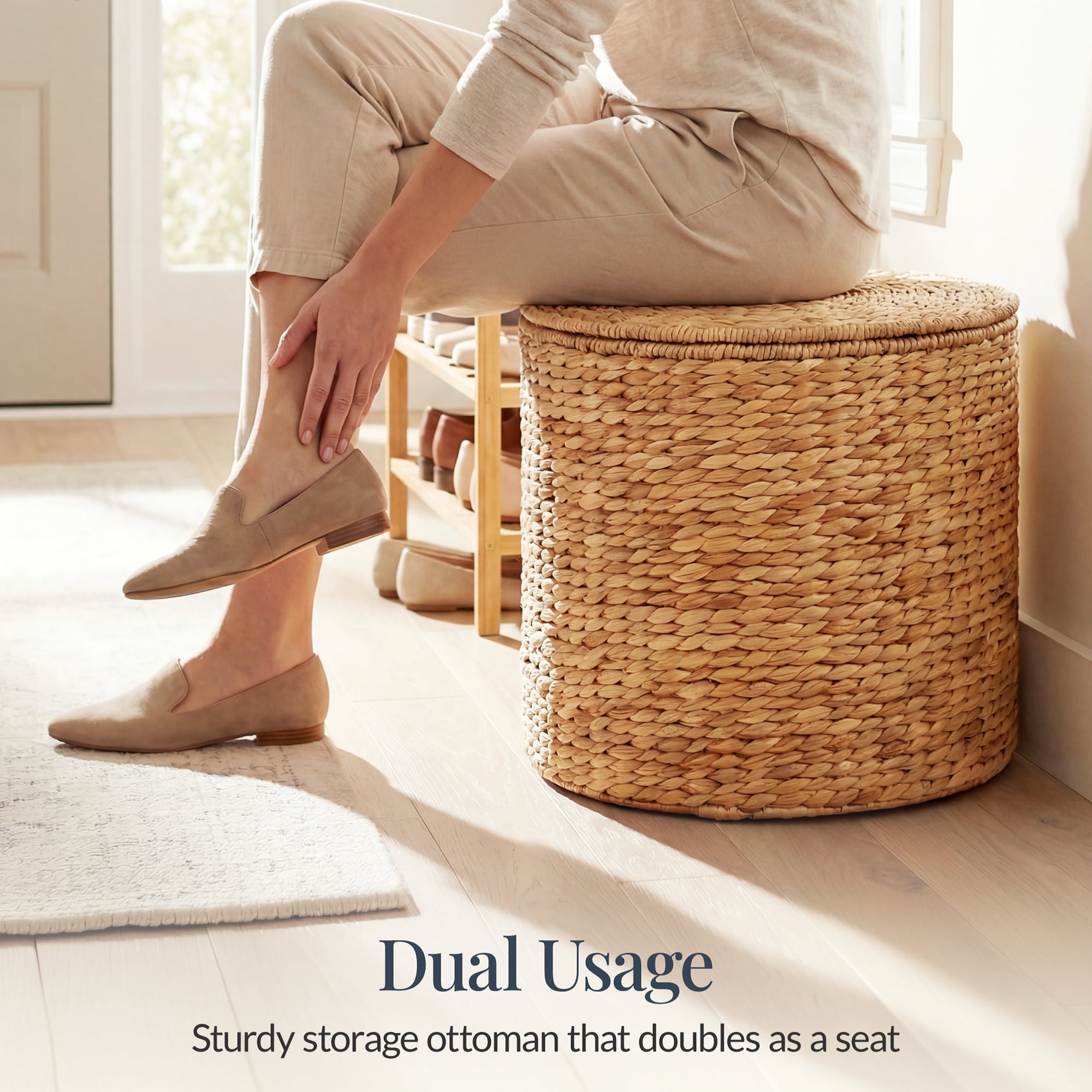 Best Choice Products Large Round Storage Ottoman W/ Lid, Handwoven Water Hyacinth Footstool - Natural