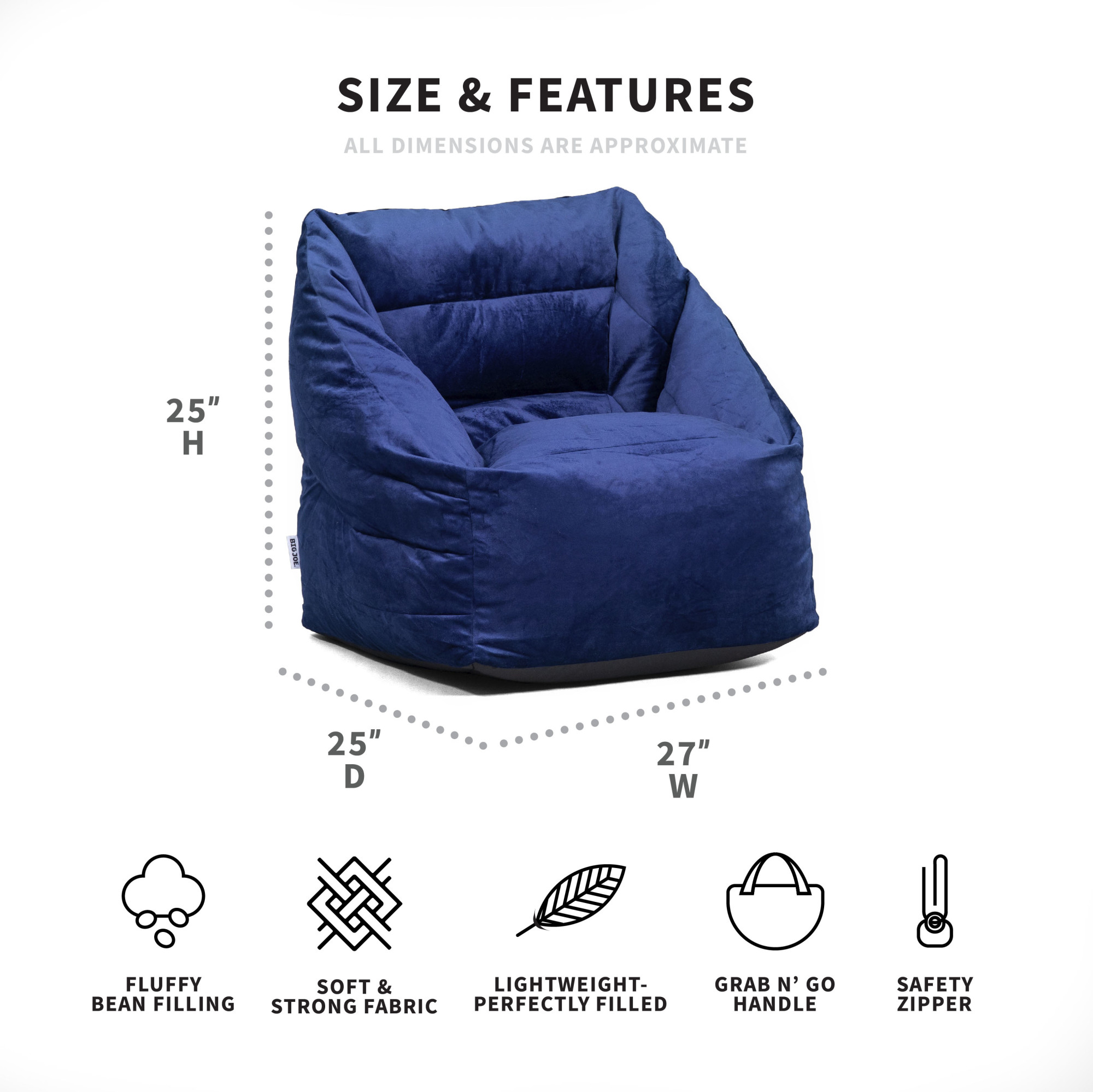 Big Joe Aurora Bean Bag Chair, Deep Navy Velvet, Soft Polyester, 2.5 feet - image 3 of 6