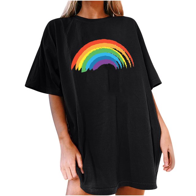 Pompotops Femmes Top Été Vintage Drop Manches Arc-en-Ciel Imprimé Manches Courtes Tops Blouse