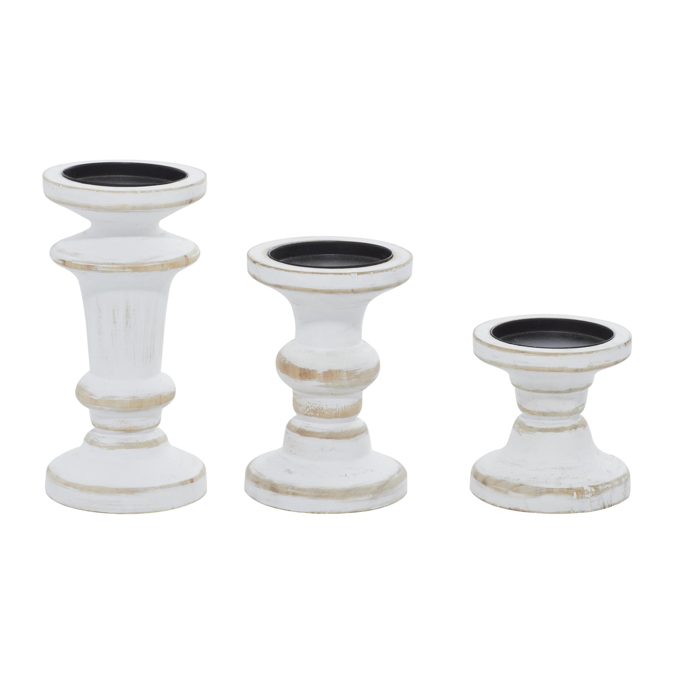 DecMode Farmhouse Wood Pillar Candle Holders, Set of 3, 8", 6", 4"H, White Distressed Finish