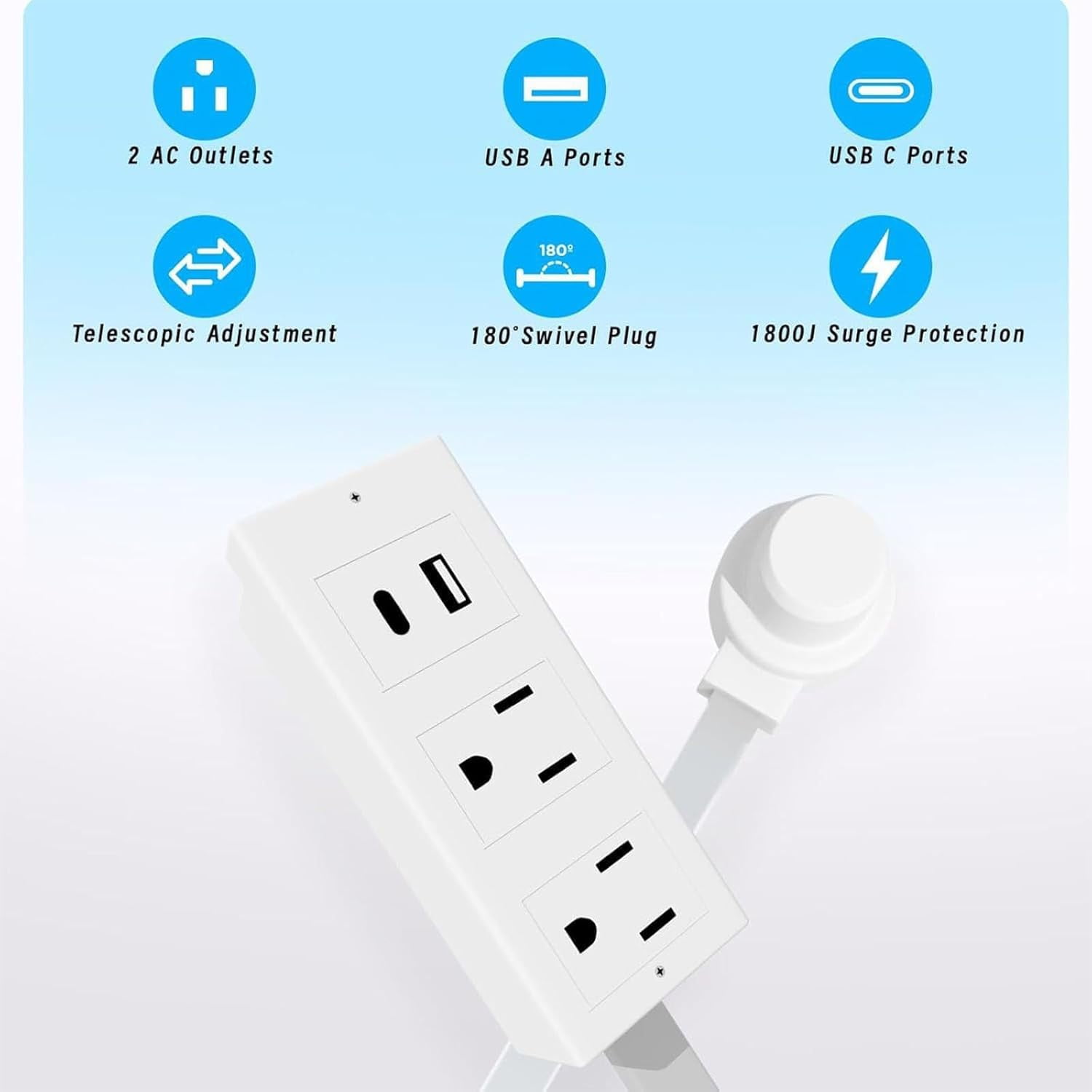 Electrical Outlet Extender Features USB-A, USB-C, and 2 AC Electrical Outlet Extender Stick for Hard to Reach Spaces Extends 27", Rotates 180°. Use Behind Couches, Nightstands, Desks, and More