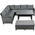 thumbnail image 2 of 5-Piece Outdoor Patio Rattan Sofa Set, Sectional PE Wicker L-Shaped Garden Furniture Set with 2 Extendable Side Tables, Dining Table and Washable Covers for Backyard, Poolside, Indoor (Grey), 2 of 9