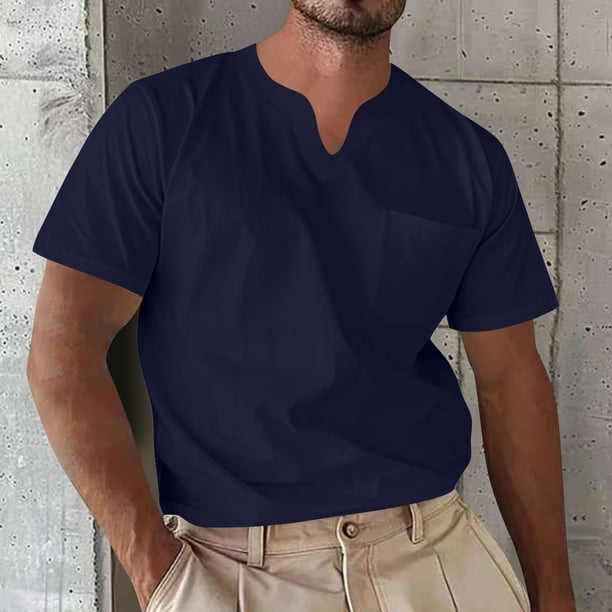 pstuiky Camisas casuales de manga corta para hombre, Camisa informal de verano para hombre, de manga corta, color liso, con cuello en V y bolsillo camisetas de hombre l