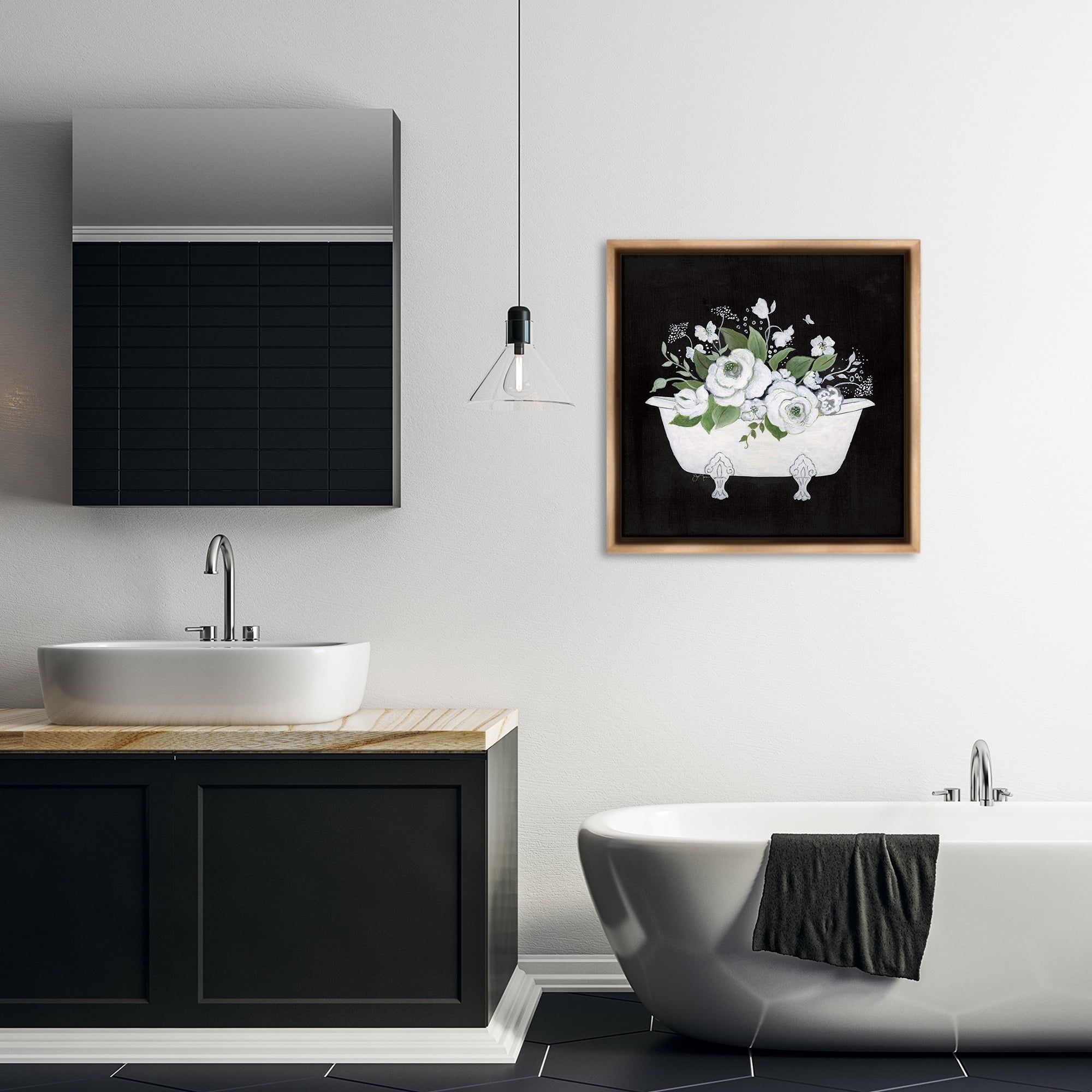 Stupell Industries White & Black Bath Typography Painting Brown Floater Framed Canvas Art Print Wall Art, 25 x 25