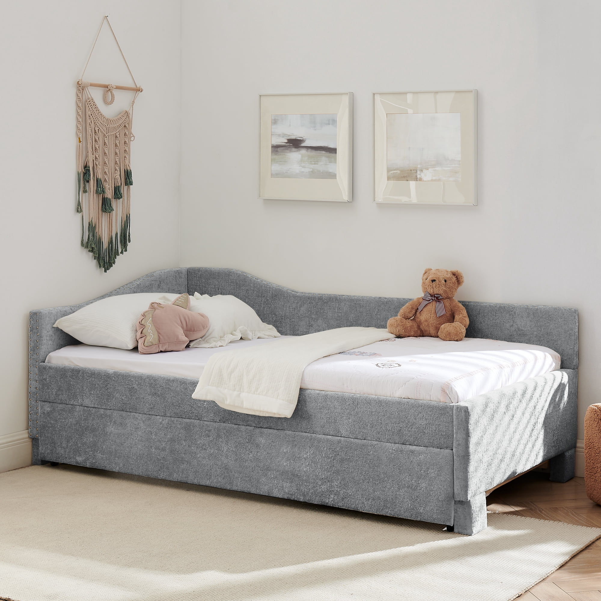 Twin Size Daybed,Chenille Upholstered Daybed with Pull-Out Trundle & Built-In USB Charging Port,2-in-1 Space Saving Sofa Bed for Guest Room,Small Space,Grey
