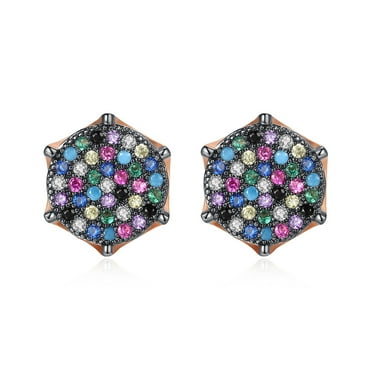 Colored Cubic Zirconia Stud Earrings for Women and Men Hip Hop Style Six Prong Setting Gold Plated