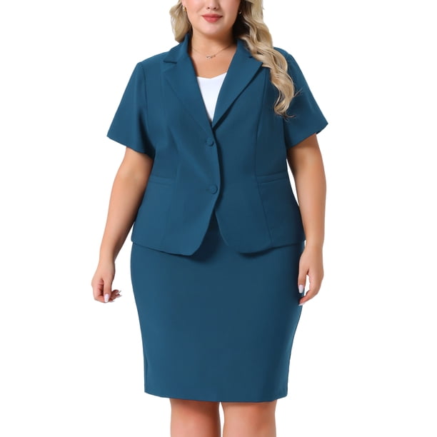 Conjunto de traje de oficina para mujer de talla grande de 2 piezas, blazer de manga corta con falda lápiz y botón 1X en azul pavo real
