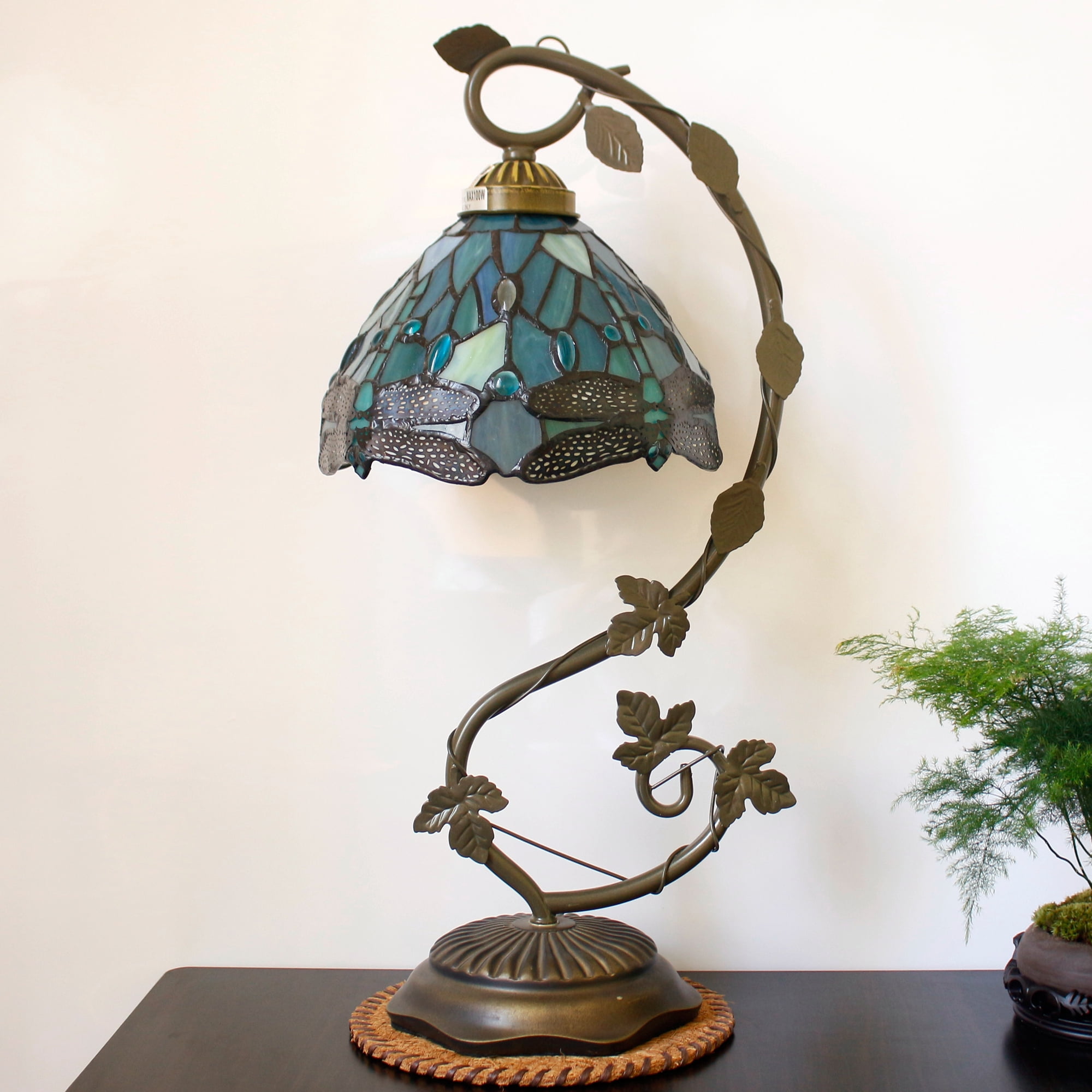 Tiffany Lamp - Bedside Lamp with Stained Glass Shade, Sea Blue Dragonfly Table Lamp with Antique Metal Leaf Thin Base for Small Space of Living Room, Bedroom, Banker Desk Light