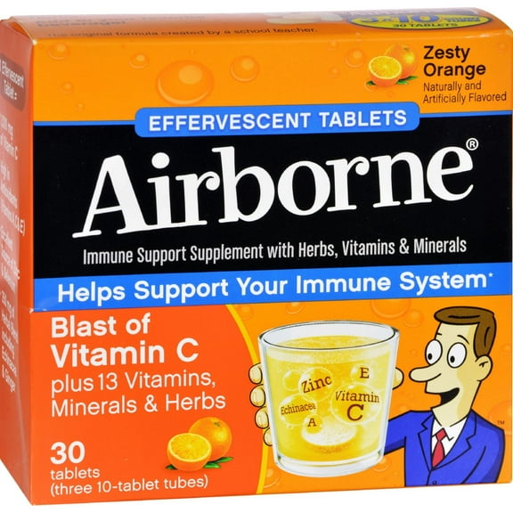 Airborne Zesty Orange Effervescent Tablets,1000mg of Vitamin C - Immune Support Supplement 30ea (Pack of 3)