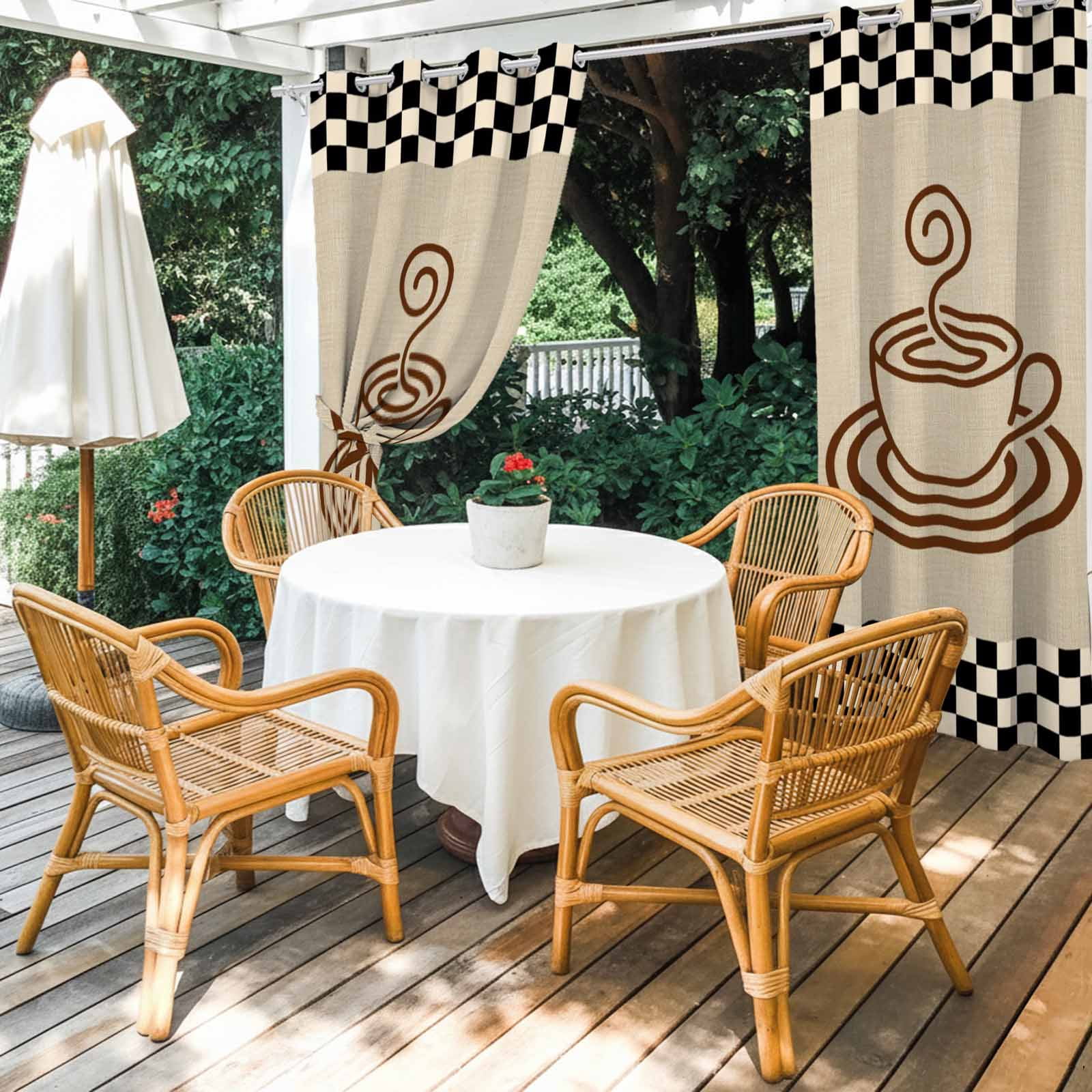Coffee Cup Outdoor Curtains for Patio, Retro Country Brown Lines Cup Linen Black Plaid Sunshade Privacy Drapes Grommet Waterproof Outside Curtains for Porch/Cabana/Balcony 54"x 108", 1 Panel