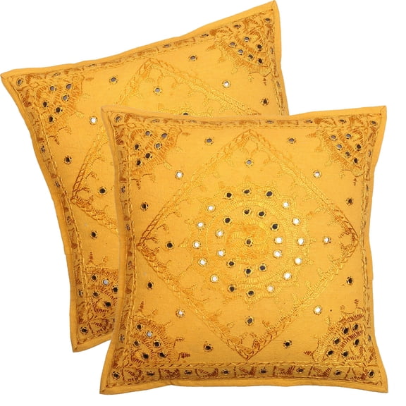 Stylo Culture Ethnic Sofa Throw Pillow Covers 24x24 Large Hand Embroidered Mango Yellow Bohemian 60cm x 60cm Home Decor Cotton Mirrored Square Cushion Covers | Set Of 2