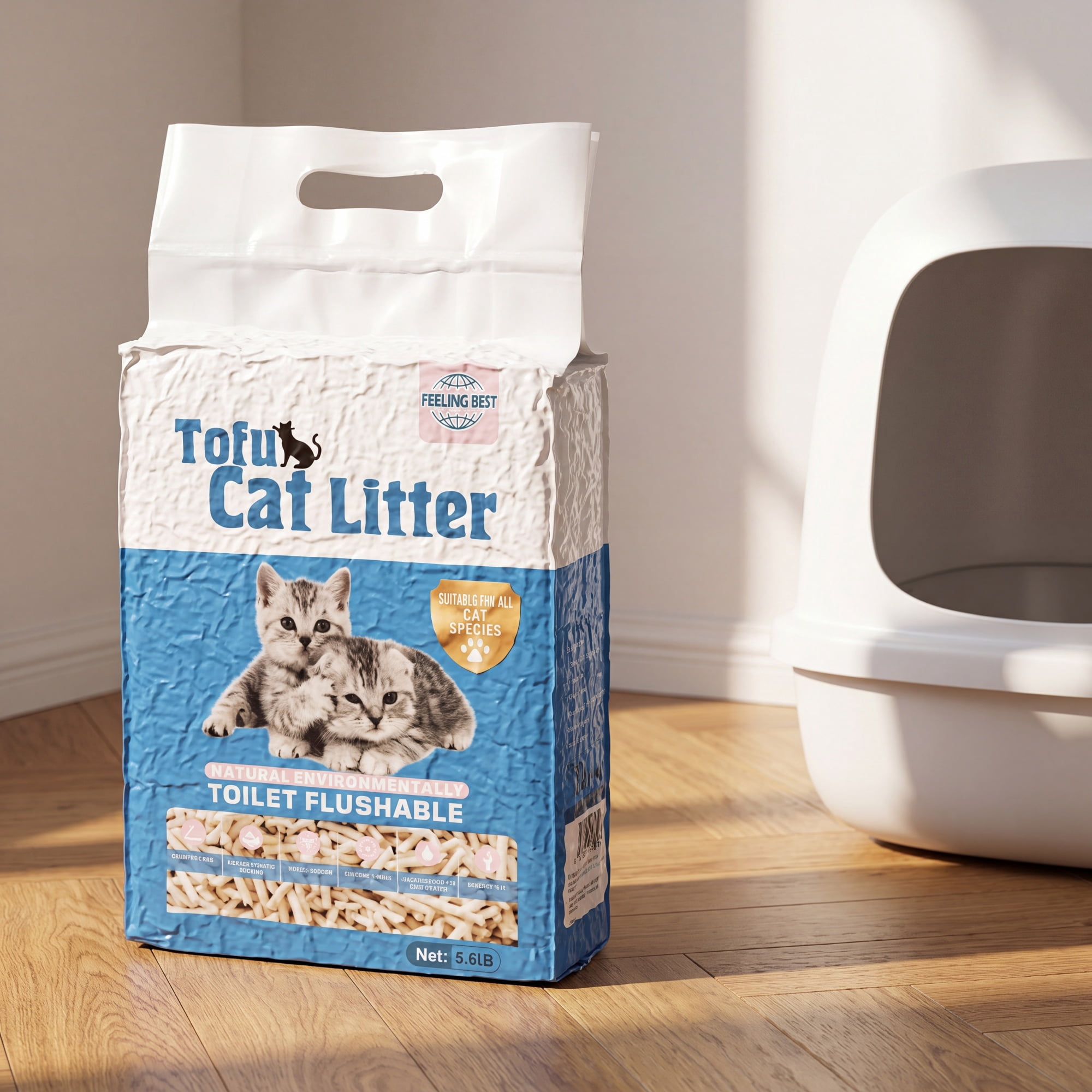 FEELING BEST Tofu Cat Litter 22.4 lb (4 x 5.6 lb), Unscented Clumping, Flushable, Low Dust, Ultra Absorbent for Multi-Cat