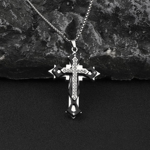1 pc 201 Stainless Steel Necklaces Alloy Rhinestone Pendant Necklaces Cross Black 23.31 inch(59.2cm)
