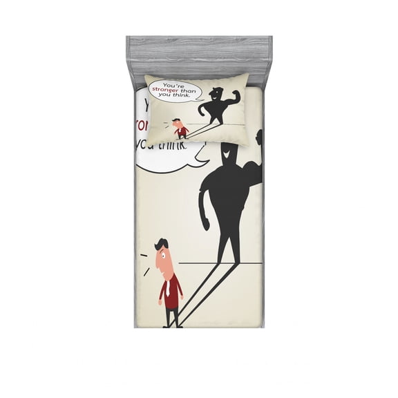 Your are Stronger than You Think Bedding Set with Sheet & Covers, Humor Shadow of a Man on the Wall with Motivation Message, Printed Bedroom Decor 2 Shams, 4 Sizes, Multicolor, by Ambesonne