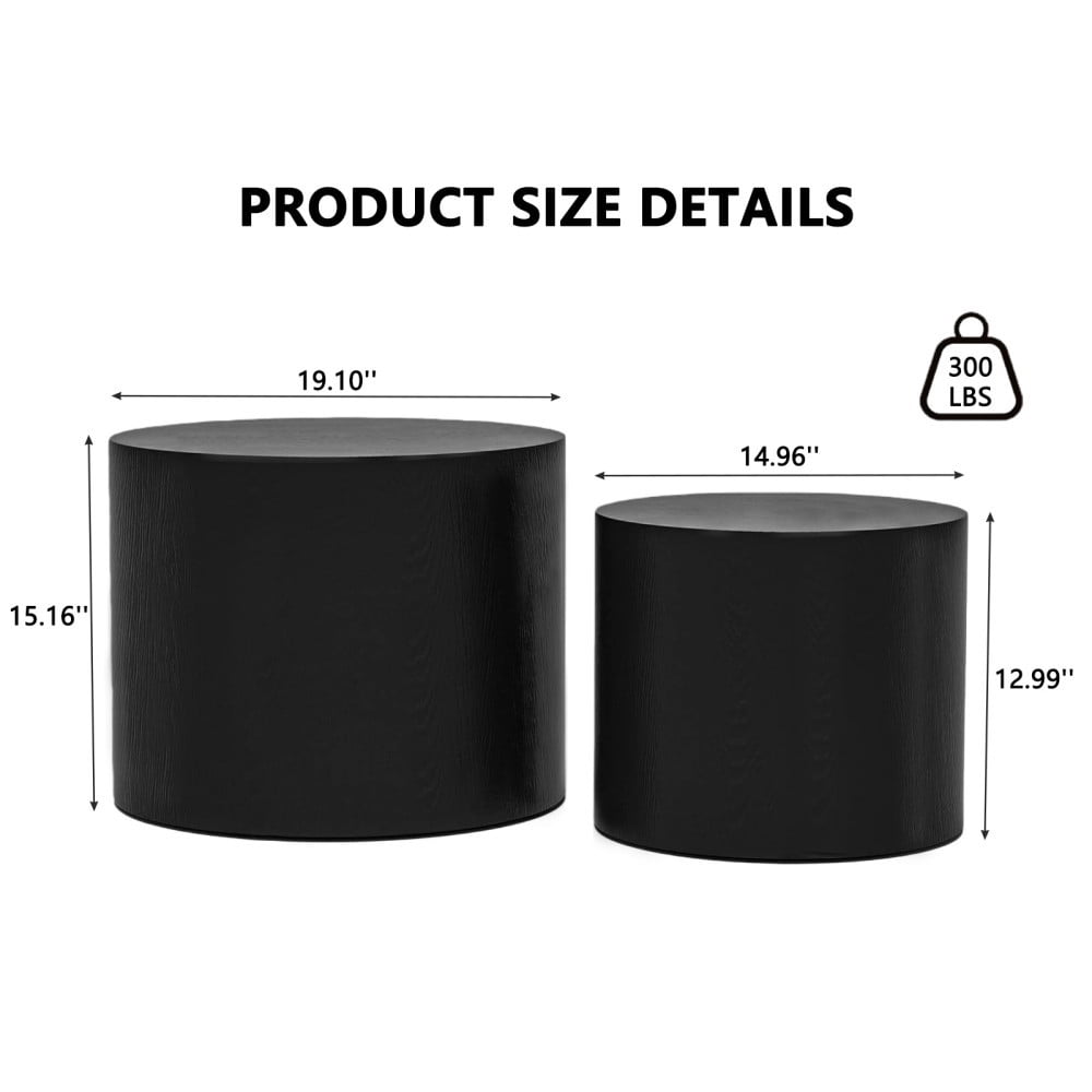 Nesting Coffee Table Set of 2, Modern Round Wood Side Tables with Non-Slip Feet, Small End Tables for Living Room, Bedroom, Office, Balcony, Small Spaces, Matte Black