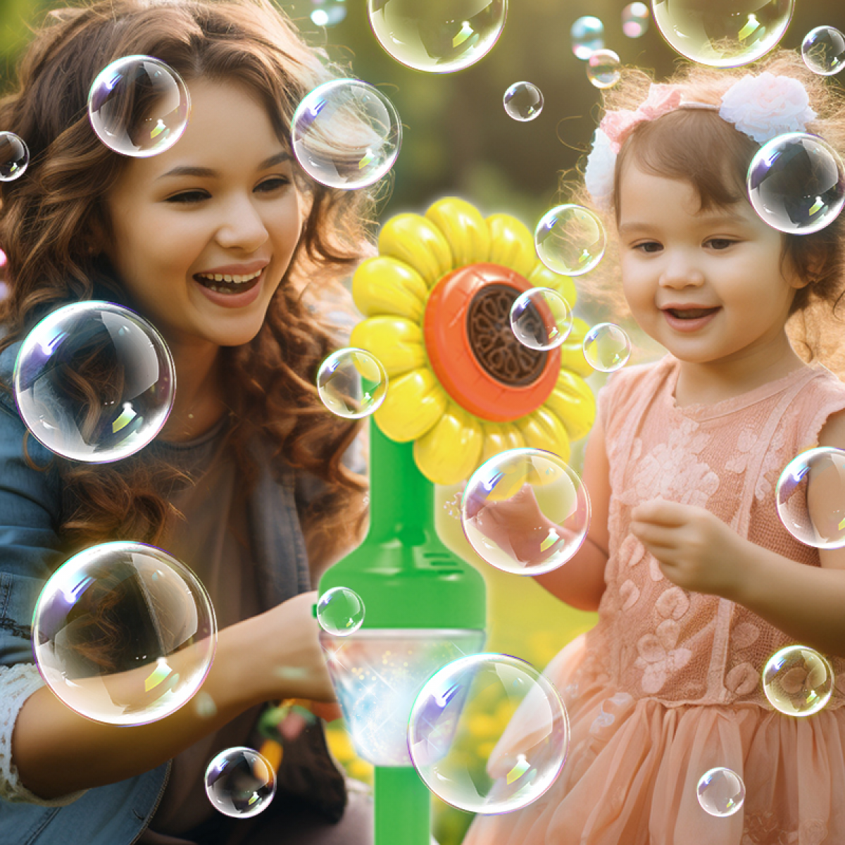 Flower Bubble Stand Machine,Sunflower Bubble Maker with Lights, Tall Adjustable Rechargeable Automatic Bubble Blower for Outdoor Backyard Party