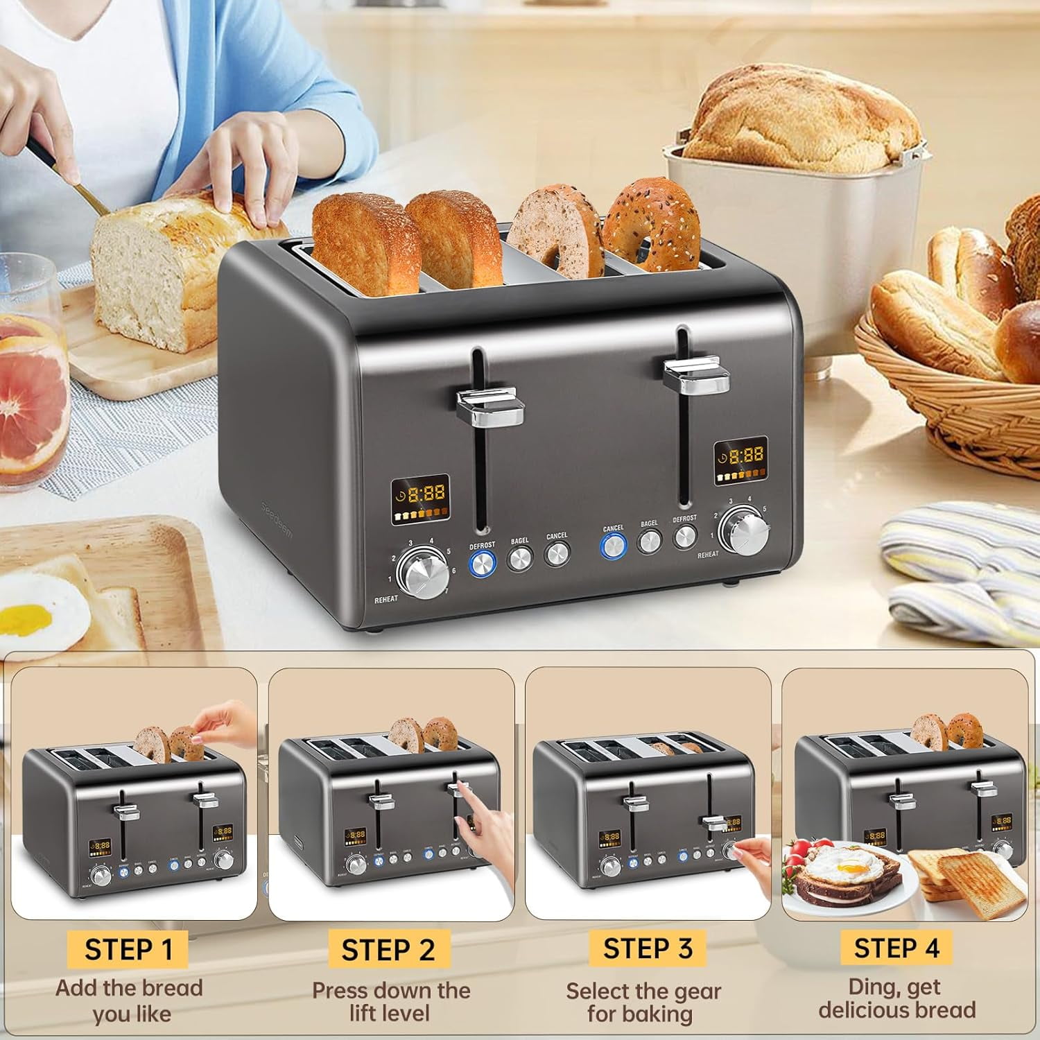 4 Slice Stainless Toaster with LCD Display, 7 Shade Settings, Wide Slots, Bagel/Defrost/Reheat Functions, Removable Crumb Tray, 1800W