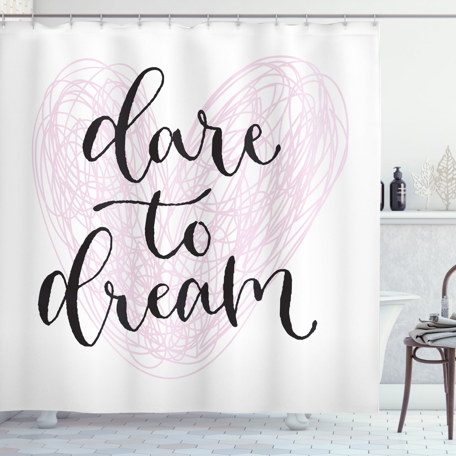 Dream Shower Curtain, Dare to Dream Quote with Hand Drawn Heart Design