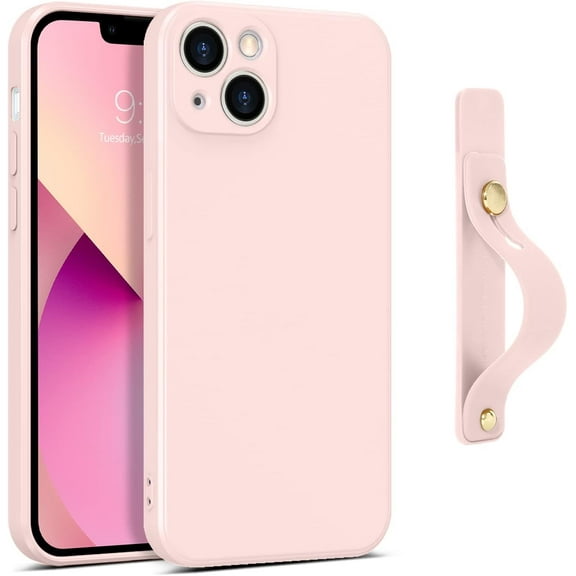 iPhone 13 Case,Phone Case iPhone 13,Slim Fit Liquid Silicone Soft Gel Rubber with Adjustable Wristband Kickstand Scratch Resistant Shockproof Protective Cover for iPhone 13 6.1''2021,Pink Sand