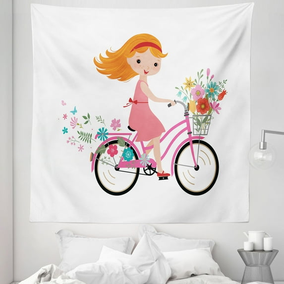 Flower Tapestry, Happy Little Girl with Bunch of Flowers Riding a Bike Cheerful Activity, Fabric Wall Hanging Decor for Bedroom Living Room Dorm, 5 Sizes, Multicolor, by Ambesonne