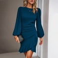 thumbnail image 3 of Vestido ajustado de manga larga con mangas abullonadas para mujer: elegante vestido midi de fiesta con mangas abullonadas, 3 of 6