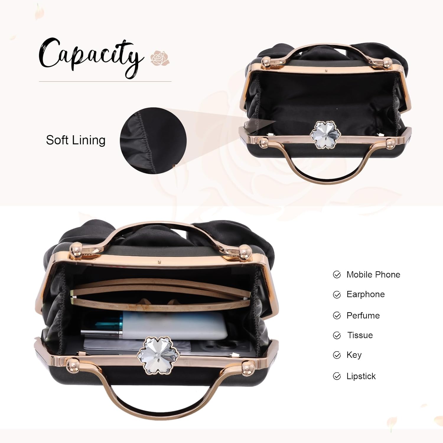 Women Flower Evening Handbag Satin Floral Clutch Purses Chain Strap Shoulder Bag