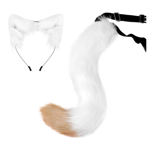 Colgante de cola de animal adorable en 3D para Halloween, con pompones, cola peluda a la moda, 50 cm, cola de Halloween con diadema para las orejas