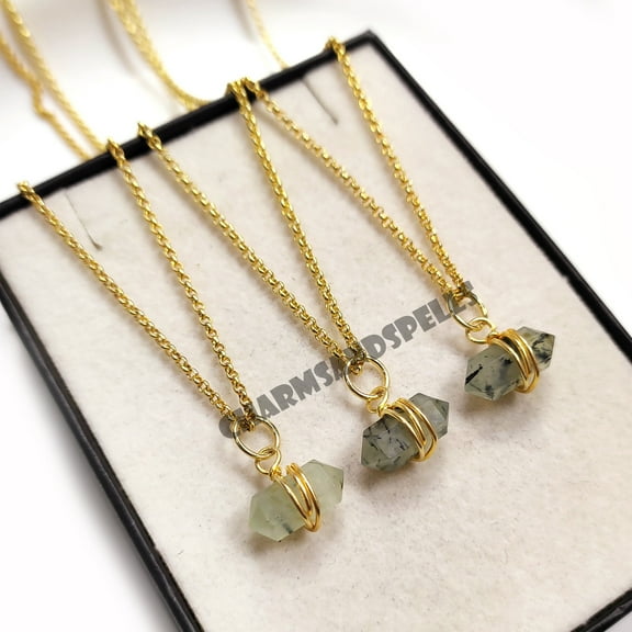 Genuine Prehnite Pencil Necklace, Wire Wrapped Prehnite Necklace, 14K Gold Plated Necklace, Birthday Gifts, Wedding Gifts, Gifts For Her