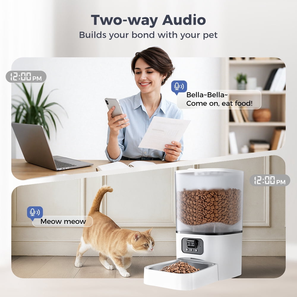 Automatic Cat Feeder with Camera & Night Vision, DOMIPET WiFi Cat Food Dispenser Dog Timed Feeder Two-way Audio 6L Pet Feeder for Cat/Dog, APP